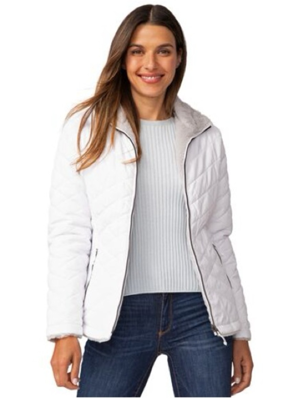 White Quilted Women's Puffer Jacket - Lightweight Insulated Coat (Reversible) M